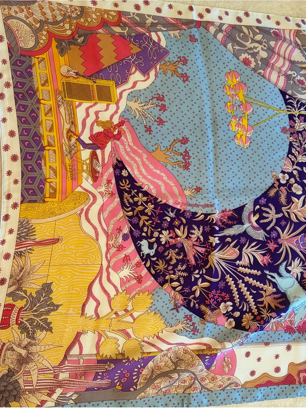 Silky Medium Sized Scarf- Blue, Pink, Yellow Multicolor Magical Garden Motif